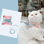 Chat portant un harnais chat rose turquoise | Kittyvest